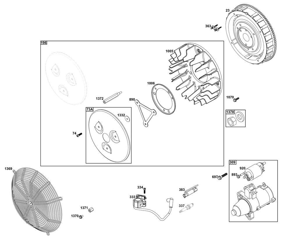 Flywheel, Ignition, And Starter Group Diagram and Parts List for 61E377-0065-J1 400000 - 699999 Briggs and Stratton Engine